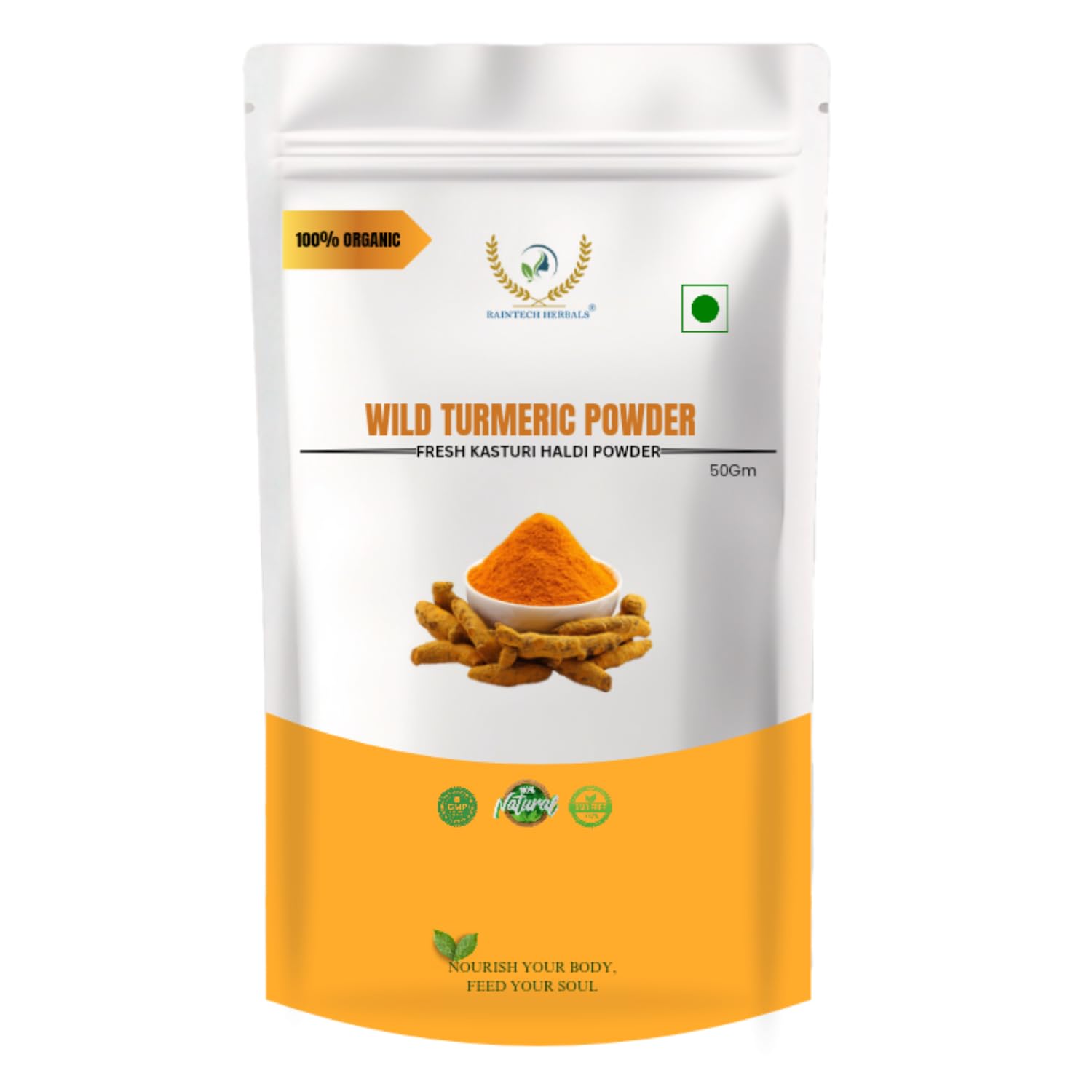 RAINTECH HERBALS Wild Turmeric Powder (Kasthuri Manjal) for Glowing Skin u2013 50g |Curcuma Aromatica | Natural Face Pack for Tan Removal, Pimples & Pigmentation