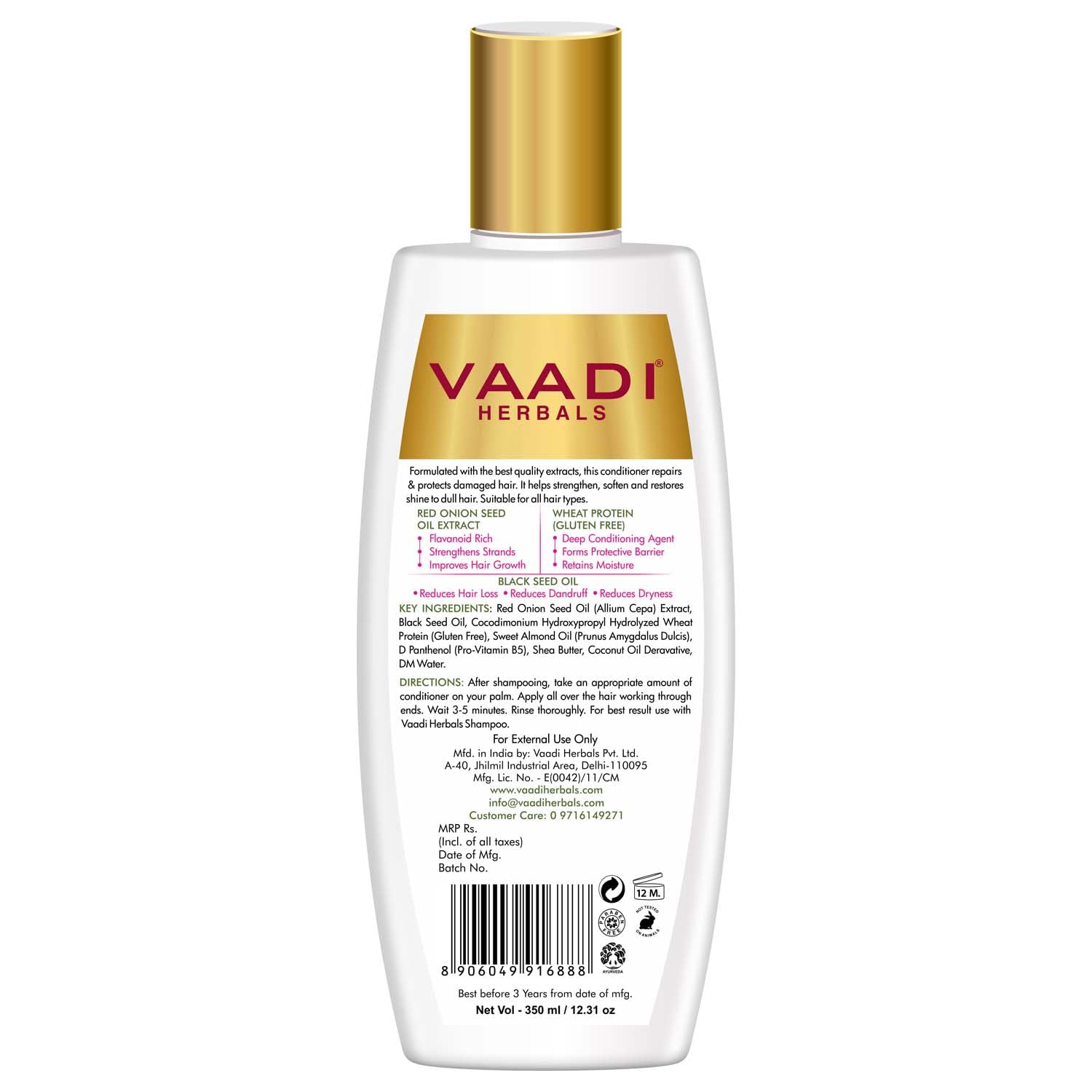 Vaadi Herbals Onion Hair Fall Conditioner | Softens Dry, Damaged, Frizzy Hair | With Onion extract, Black seed oil, Wheat Protein & D Panthenol | SLS & Paraben Free (350 ml) - Image 3