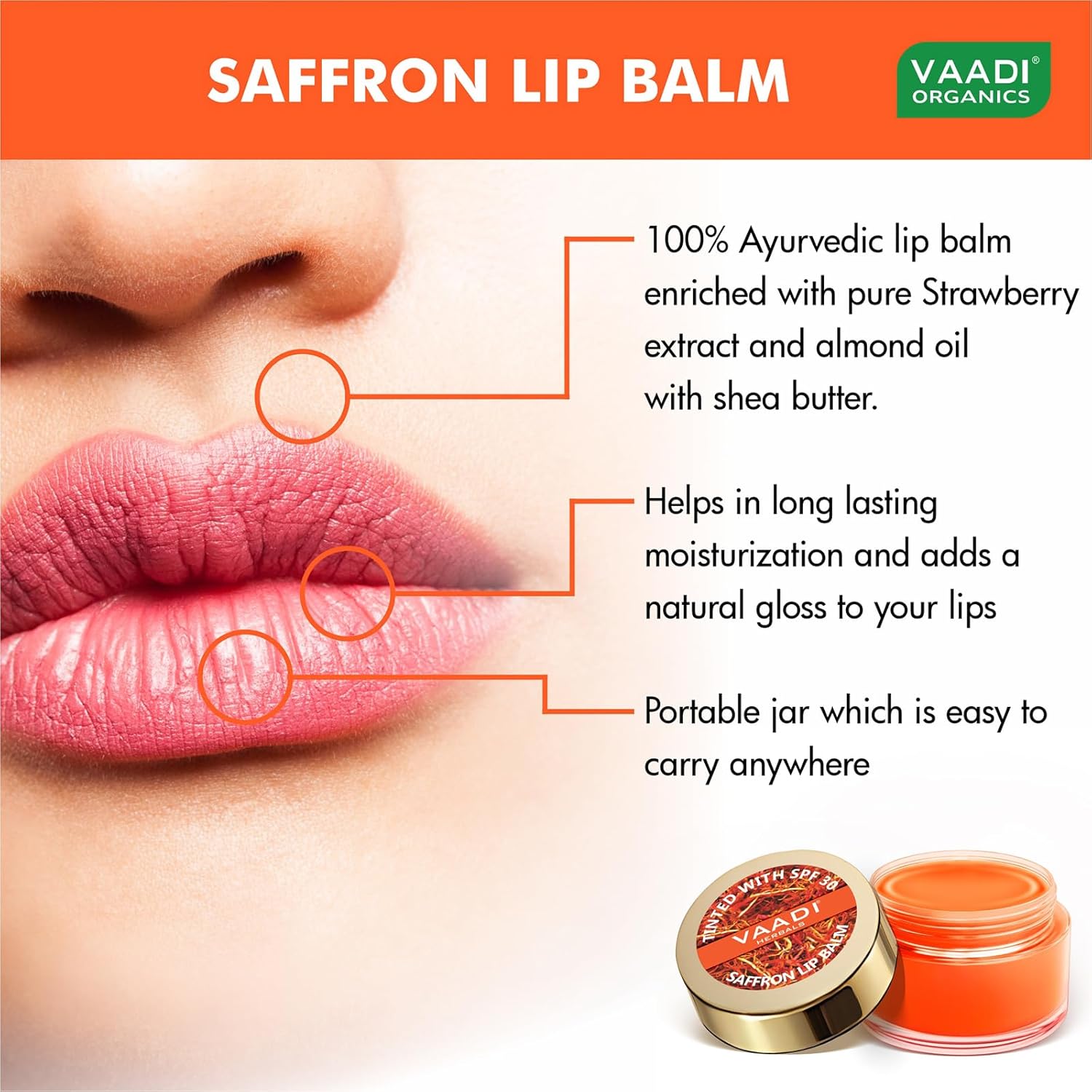 VAADI HERBALS Tinted Saffron Lip Balm with Strawberry Extract, Almond Oil & Shea Butter, SPF30 for Dry, Chapped & Sun Damaged Lips (10 gms) - Image 2