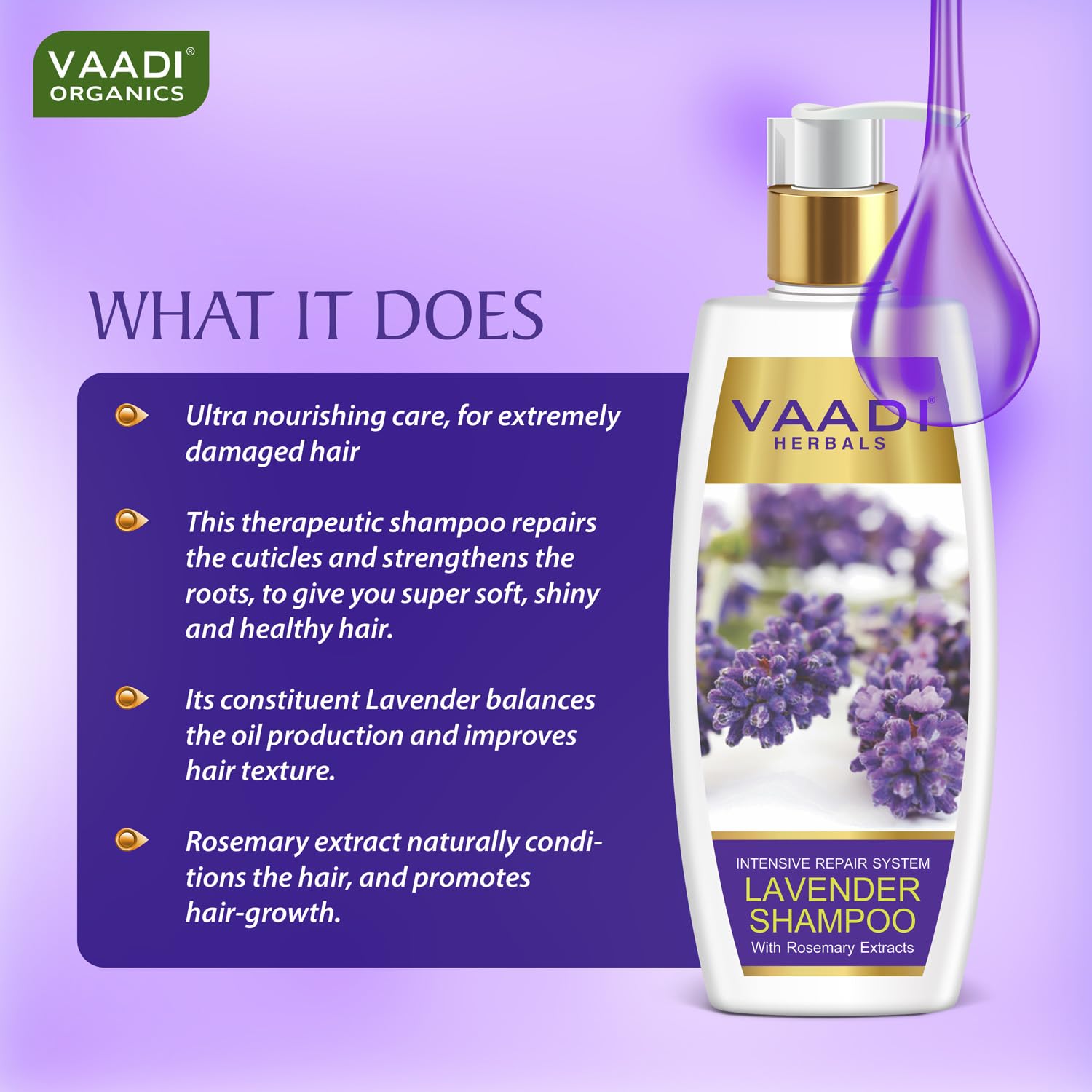 Vaadi Herbals Lavender Shampoo with Rosemary Extract, Intensive Repair System, 350 ml - Image 4