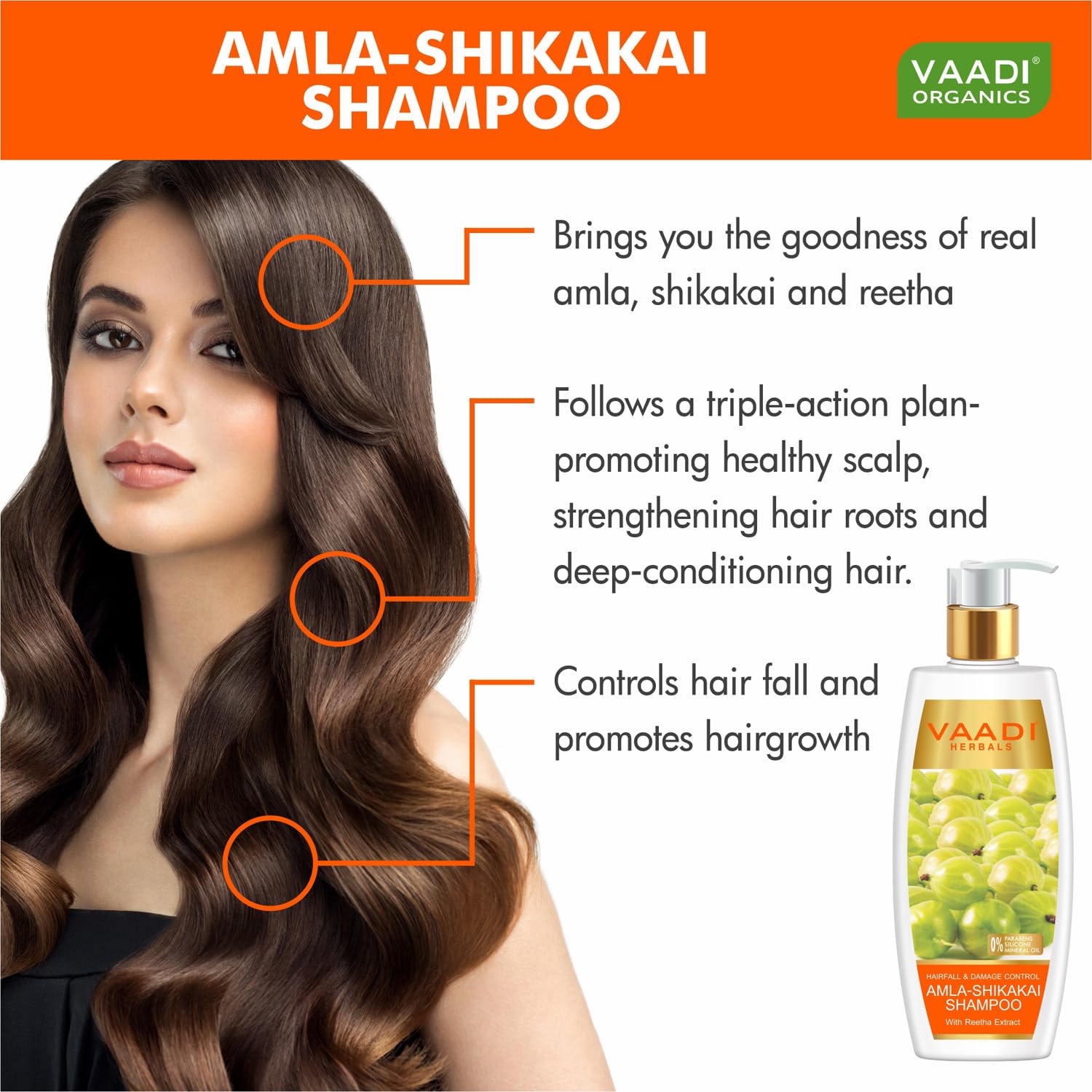 Vaadi Herbals Hair fall and Damage Control Amla Shikakai Shampoo, 350ml (Pack of 3) - Image 3