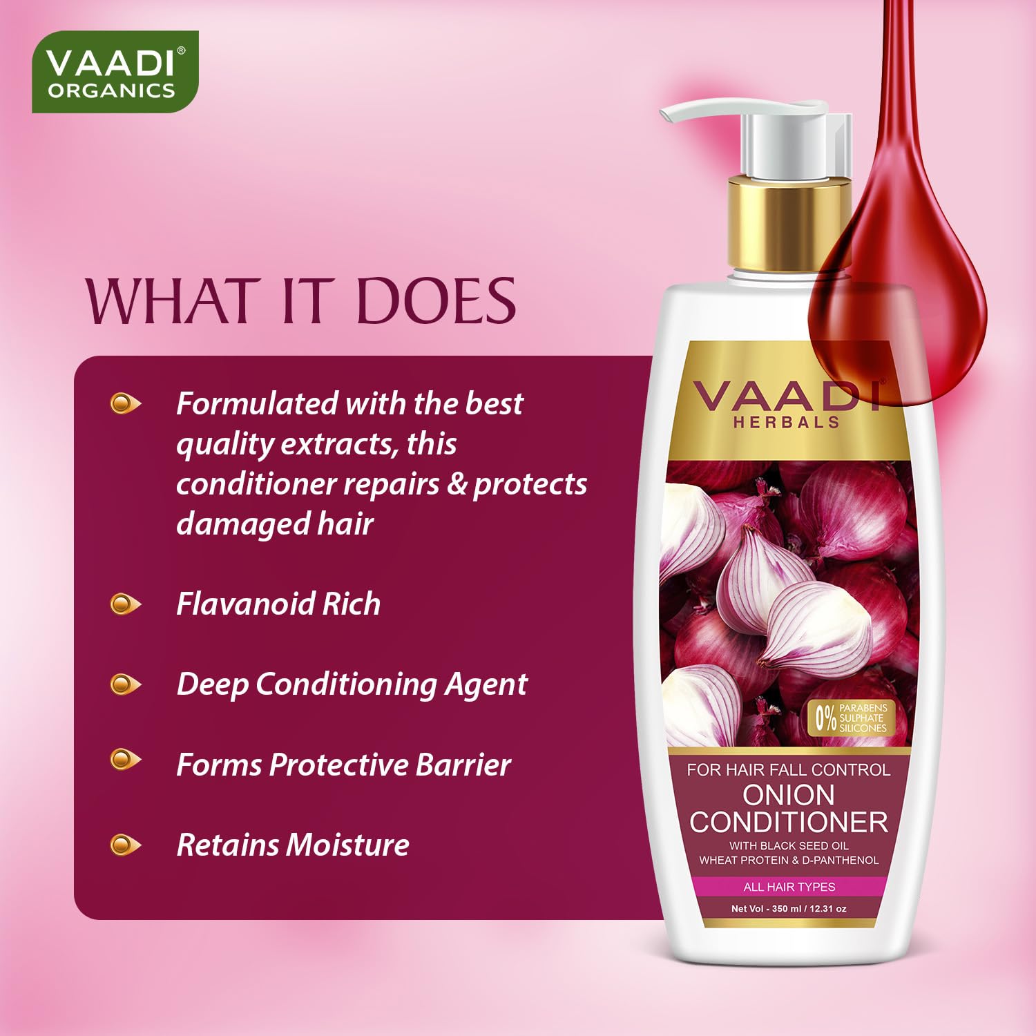 Vaadi Herbals Onion Hair Fall Conditioner | Softens Dry, Damaged, Frizzy Hair | With Onion extract, Black seed oil, Wheat Protein & D Panthenol | SLS & Paraben Free (350 ml) - Image 6