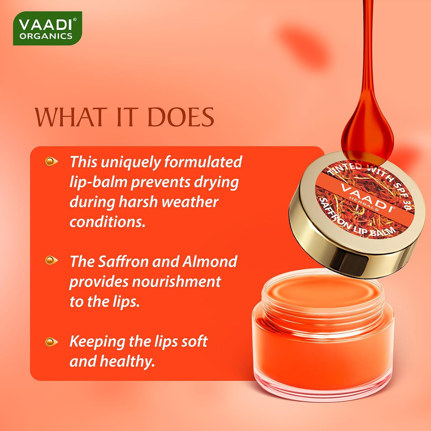 VAADI HERBALS Tinted Saffron Lip Balm with Strawberry Extract, Almond Oil & Shea Butter, SPF30 for Dry, Chapped & Sun Damaged Lips (10 gms) - Image 4