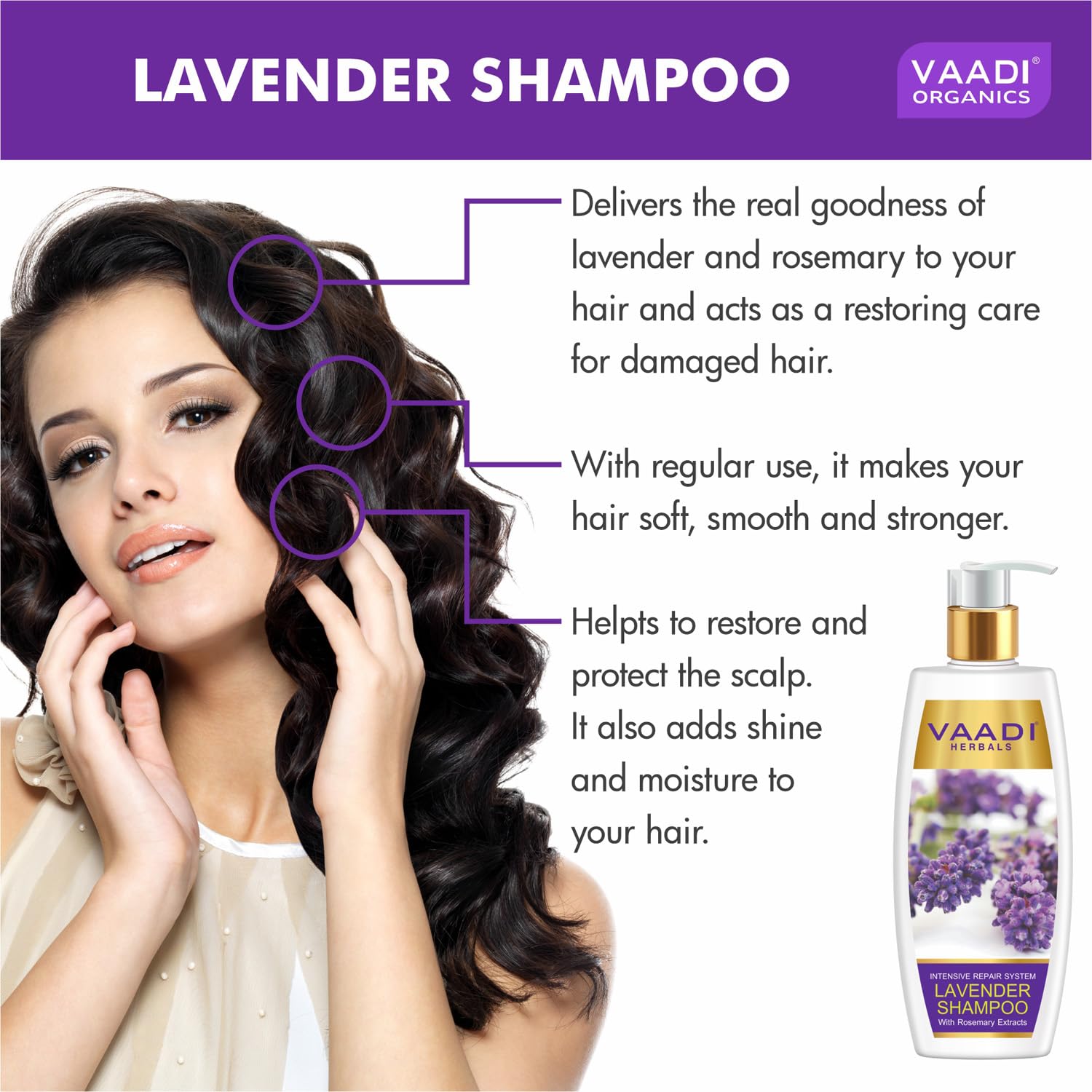 Vaadi Herbals Lavender Shampoo with Rosemary Extract, Intensive Repair System, 350 ml - Image 2