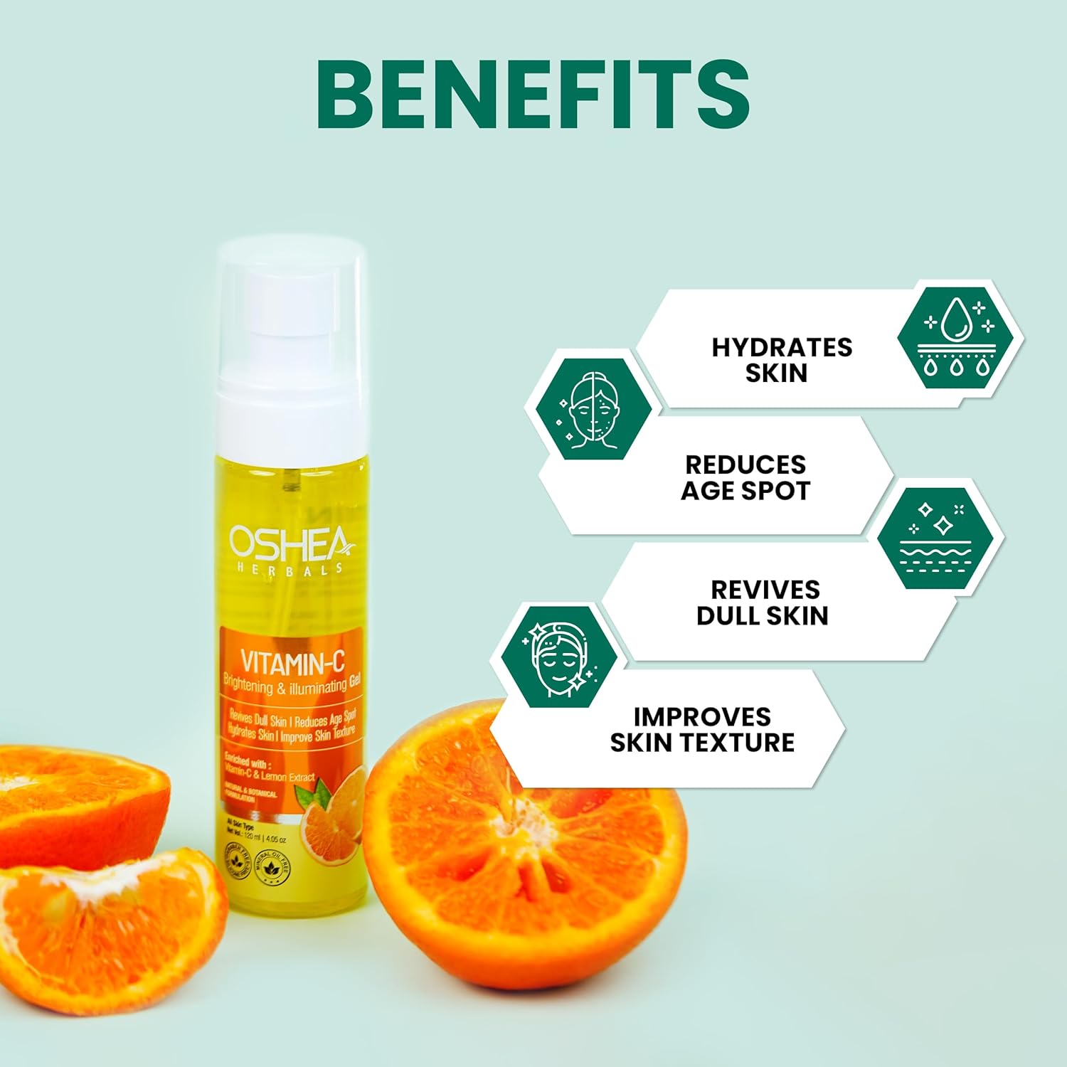 Oshea Herbals Vitamin C Brightening Face Gel for All Skin Types | Hydrates, Improves Texture, Reduces Age Spots & Dull Skin | Enriched with Vitamin C & Lemon Extract (Pack of 2) 120ml - Image 4