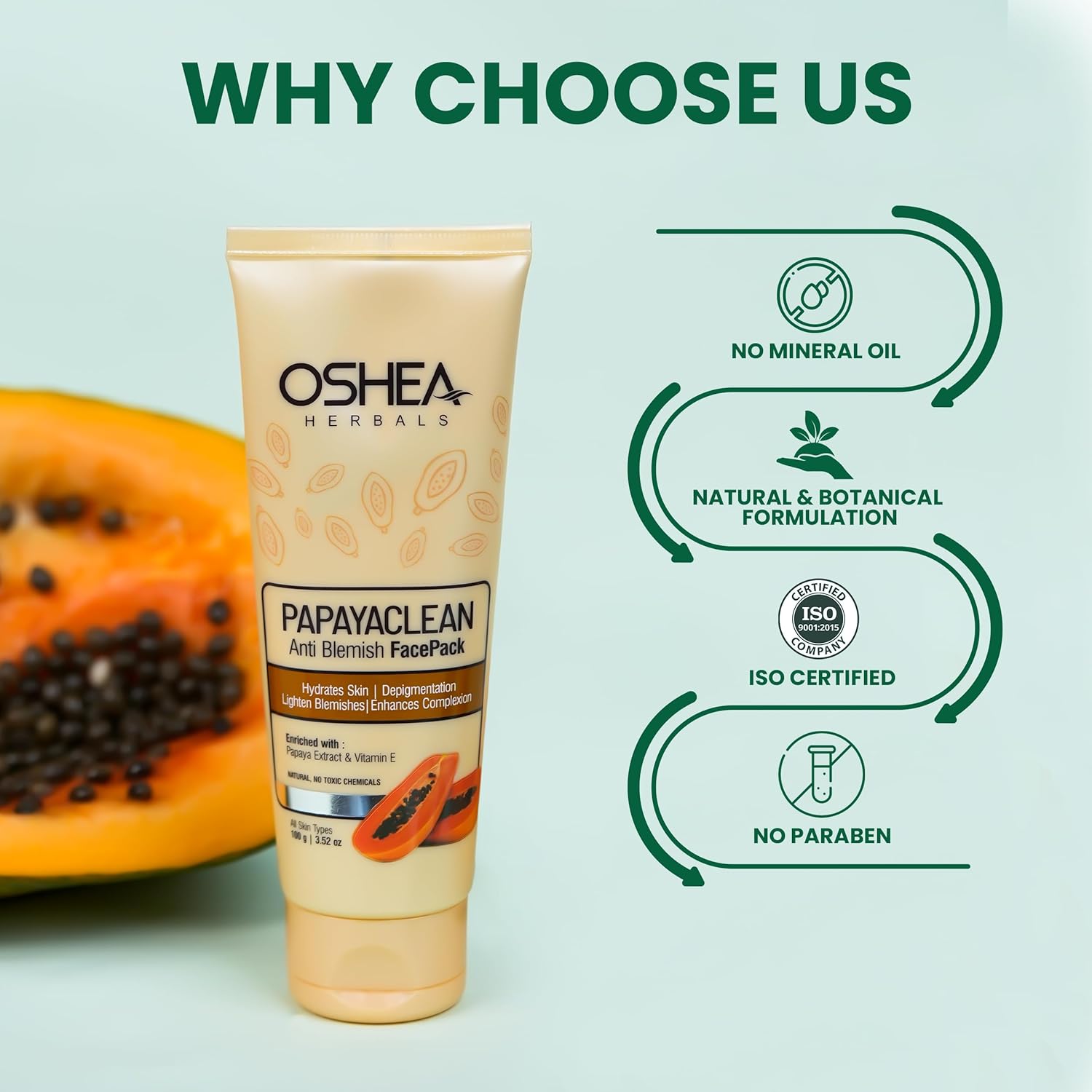 Oshea Herbals Papayaclean Anti Blemish Face Pack for All Skin Types | Hydrates Skin & Lightens Blemishes | Enriched with Papaya Extract & Vitamin E - 100g - Image 5