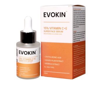 Evokin 15% Vitamin C Face Serum for Brightening & Glowing Skin | Reduce Dullness, Dark Spots & Uneven Skin Tone | Benefits of Vitamin C & E, Hyaluronic Acid, Kakadu Plum & Moringa | 30 ml (Pack of 1)