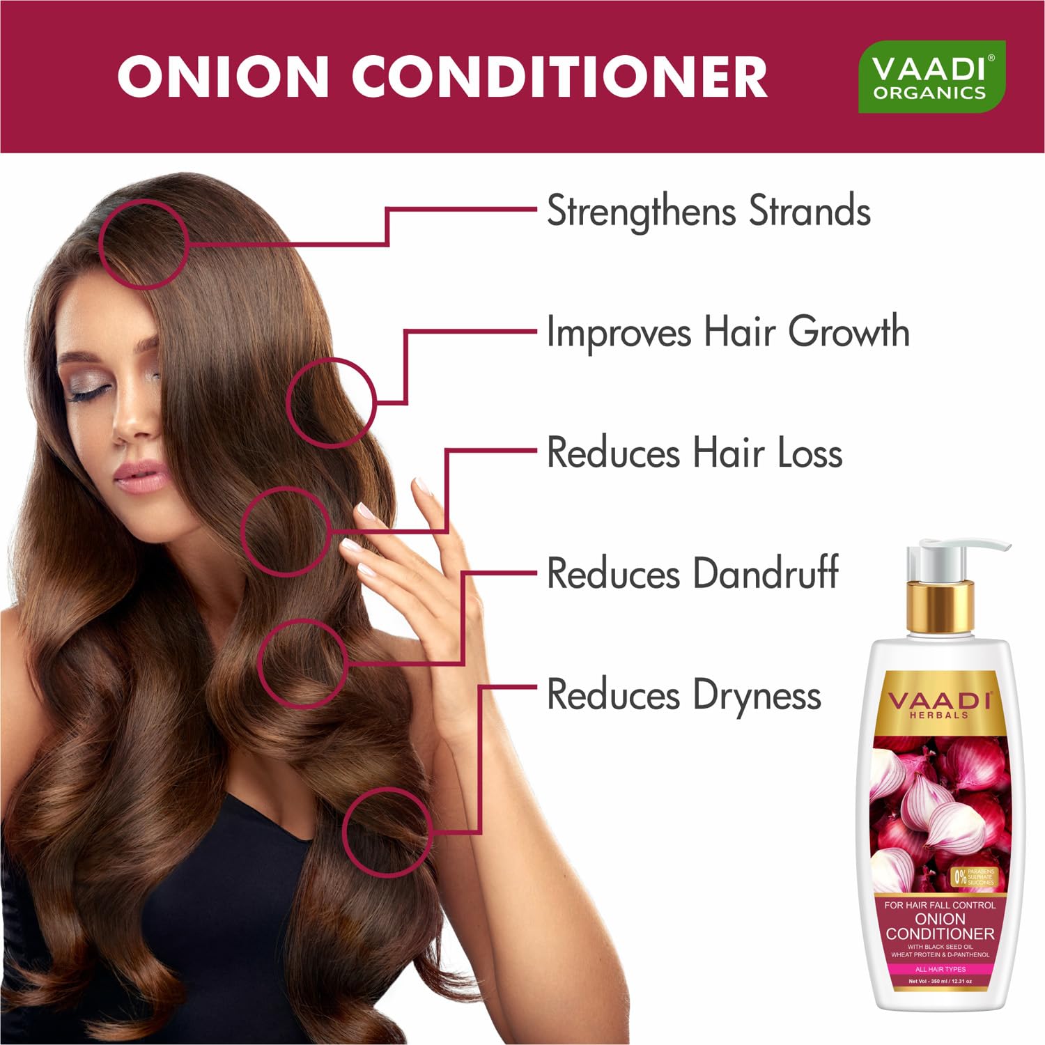Vaadi Herbals Onion Hair Fall Conditioner | Softens Dry, Damaged, Frizzy Hair | With Onion extract, Black seed oil, Wheat Protein & D Panthenol | SLS & Paraben Free (350 ml) - Image 4