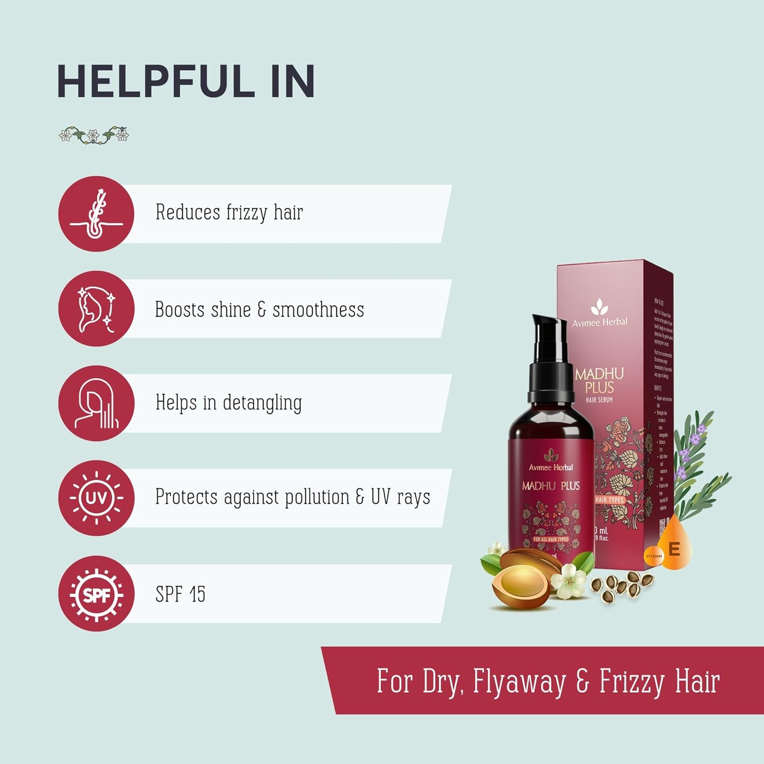 AVIMEE HERBAL Madhu Plus Herbal Hair Serum With Spf 15 For Frizz Free & Silky Smooth Hair With Keratin Protein & Argan Oil, 50 Ml, Pack of 1 - Image 2