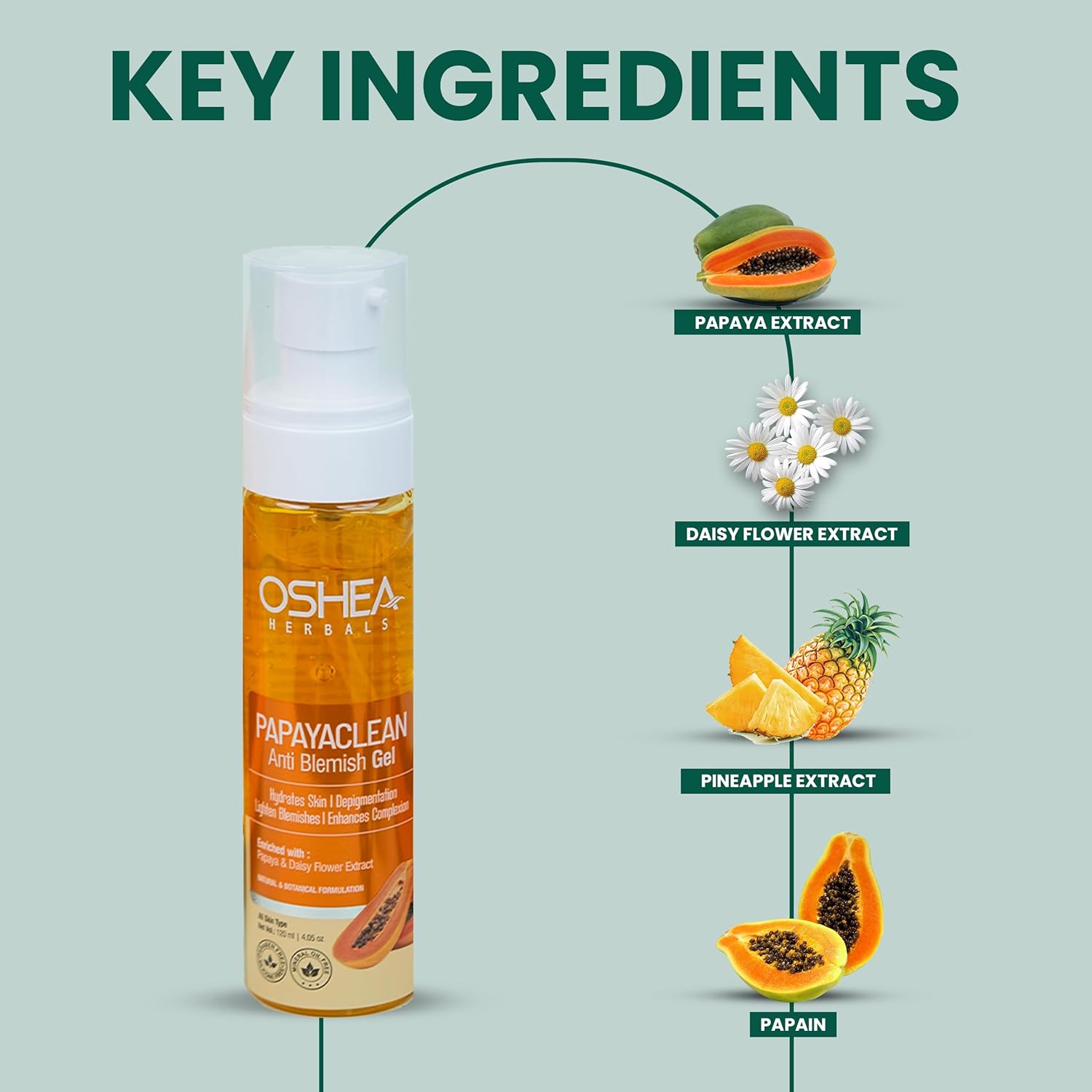 Oshea Herbals Papayaclean Anti Blemish Gel for All Skin Types | Hydrates, Reduces Pigmentation & Lightens Blemishes | Enriched with Papaya & Daisy Flower Extracts - 120ml (Pack of 2) - Image 2