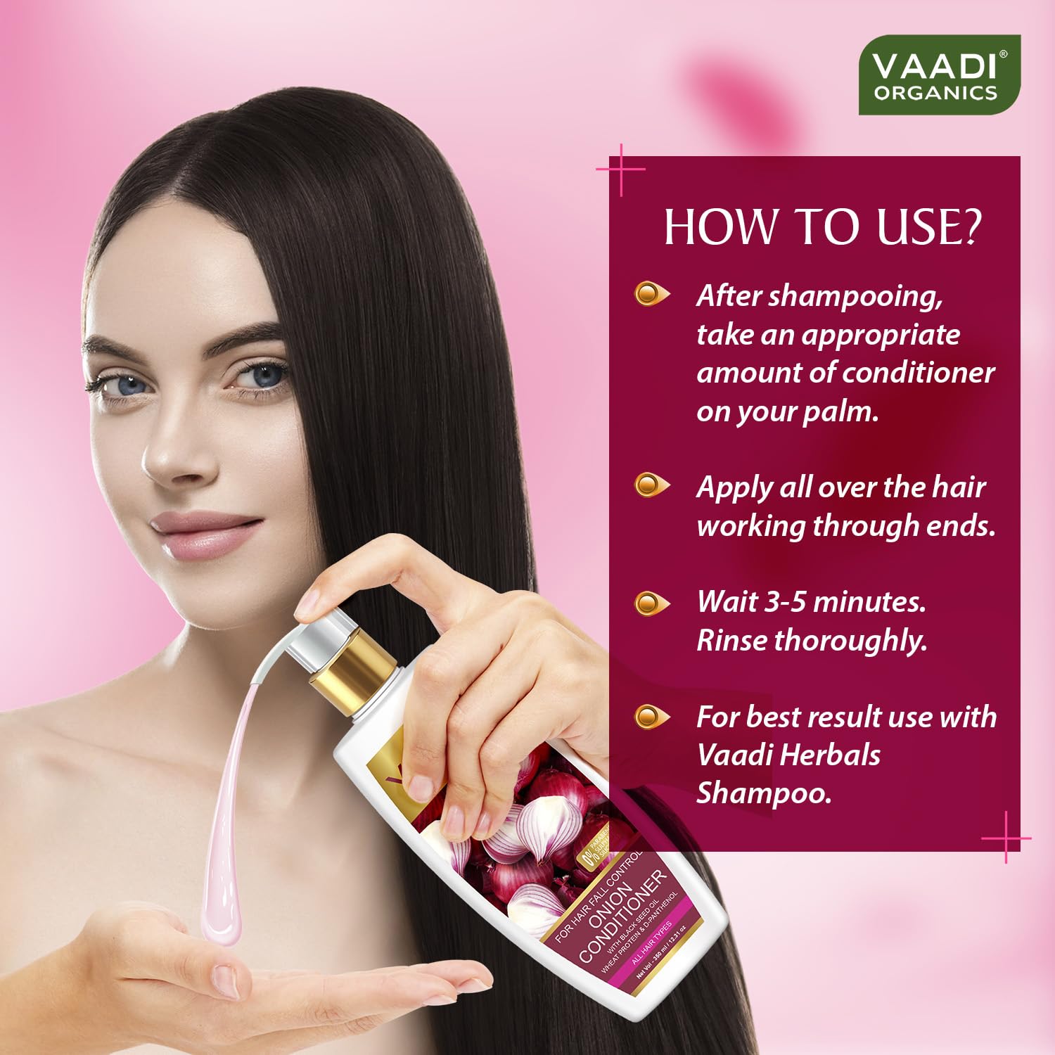Vaadi Herbals Onion Hair Fall Conditioner | Softens Dry, Damaged, Frizzy Hair | With Onion extract, Black seed oil, Wheat Protein & D Panthenol | SLS & Paraben Free (350 ml) - Image 5
