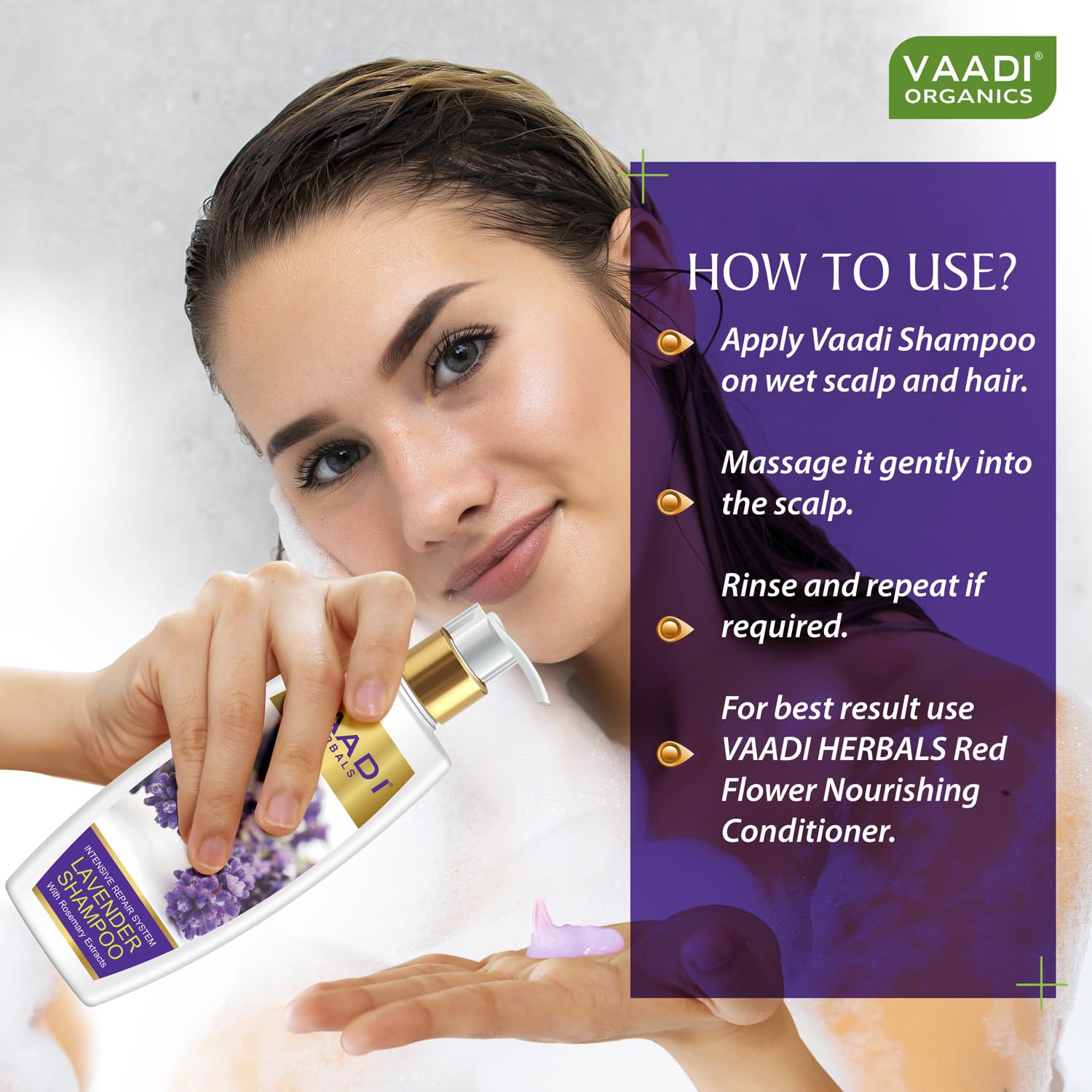 Vaadi Herbals Lavender Shampoo with Rosemary Extract, Intensive Repair System, 350 ml - Image 3