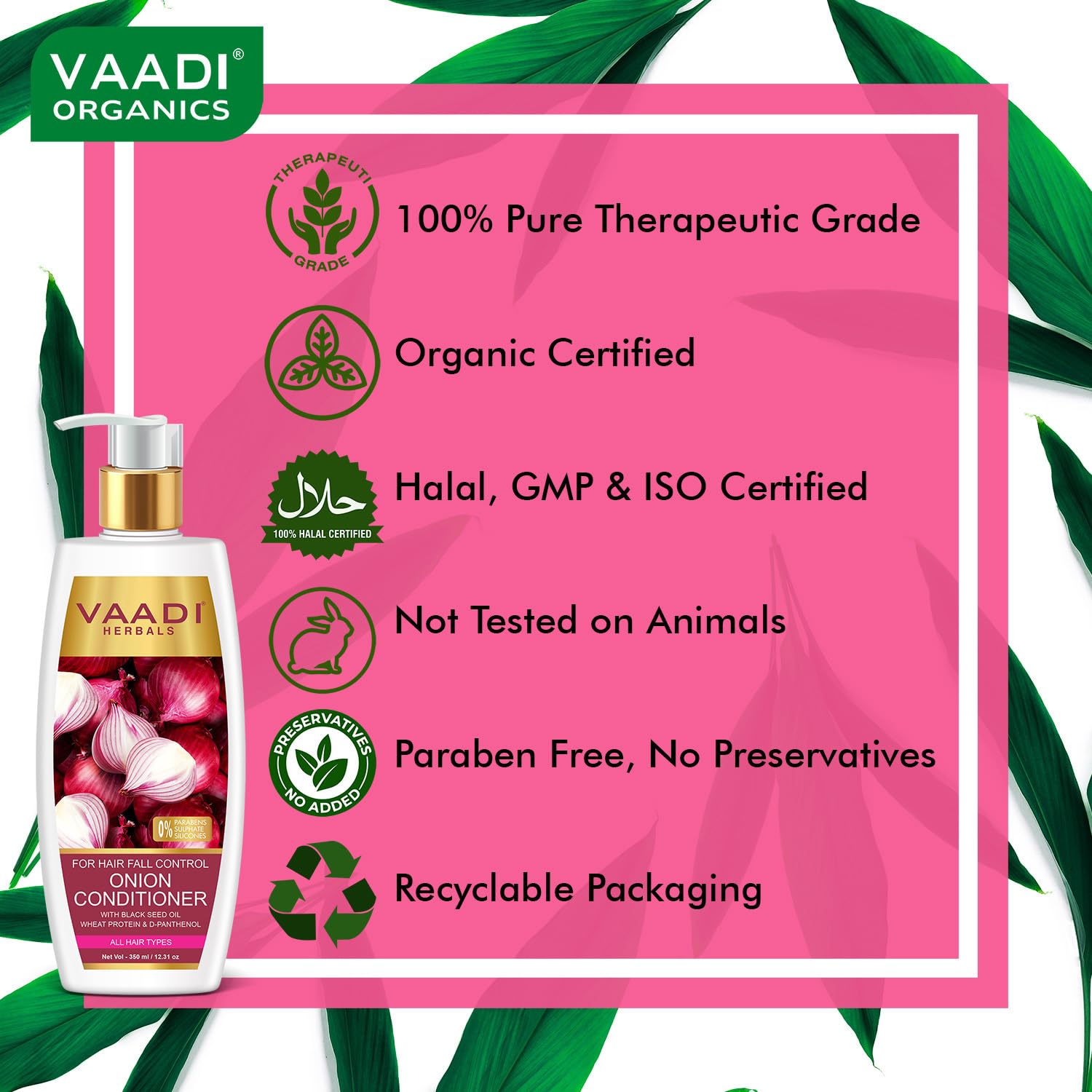 Vaadi Herbals Onion Hair Fall Conditioner | Softens Dry, Damaged, Frizzy Hair | With Onion extract, Black seed oil, Wheat Protein & D Panthenol | SLS & Paraben Free (350 ml) - Image 7