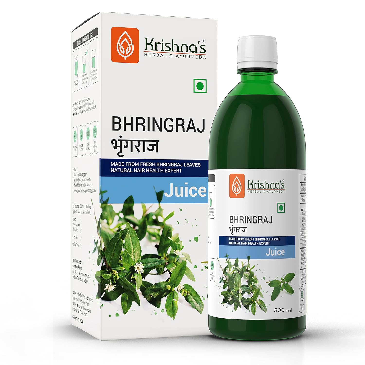 KRISHNA'S HERBAL & AYURVEDA Bhringraj Juice-500 Ml(Pack Of 1)|Preservative Free|Nourishes Hair And Improves Hair Growth