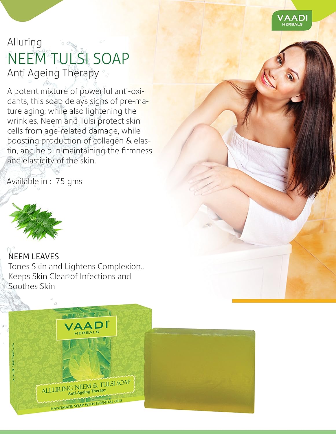 Vaadi Herbals Alluring Neem Tulsi Soap with Vitamin E and Tea Tree Oil, 75gms x 3 - Image 2