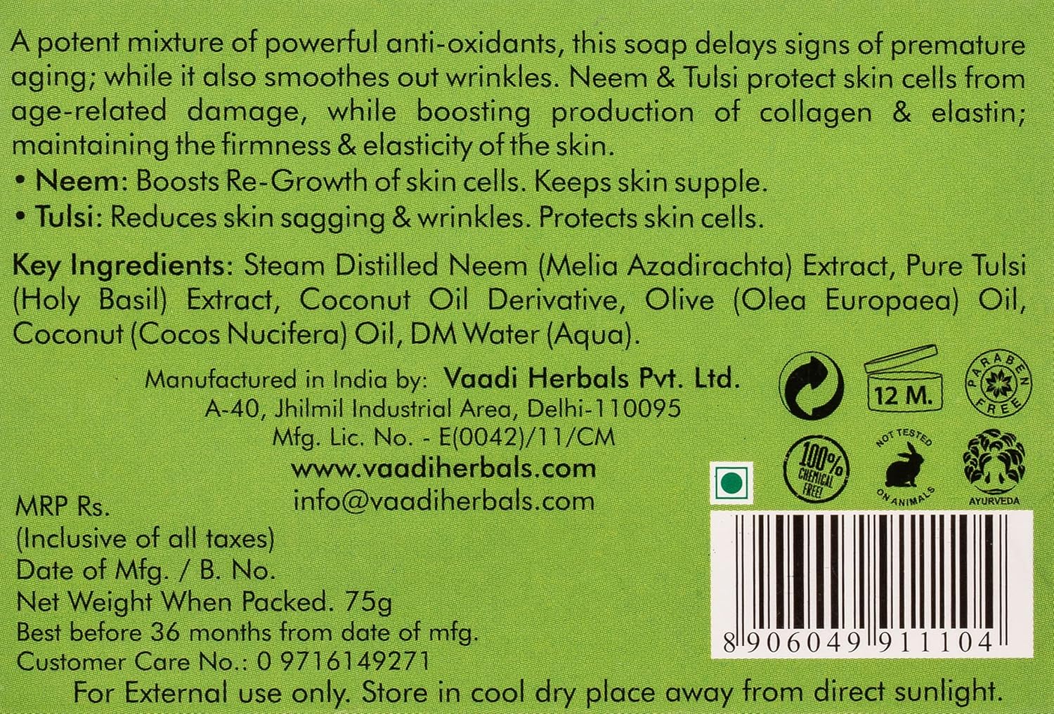 Vaadi Herbals Alluring Neem Tulsi Soap with Vitamin E and Tea Tree Oil, 75gms x 3 - Image 7